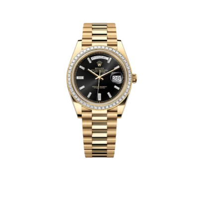 Rolex Day-Date 40mm Yellow Gold Onyx Baguette Diamond Dial Baguette Bezel m228398tbr-0001