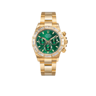 Rolex Daytona 40mm Green Dial 18K Yellow Gold Baguette Diamond Bezel Watch 116568BR (Super Clone)